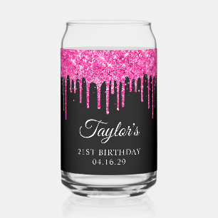 Verre Canette Glaçage Pailleté Rose Chaud Gouttes Noir 21e Anniv