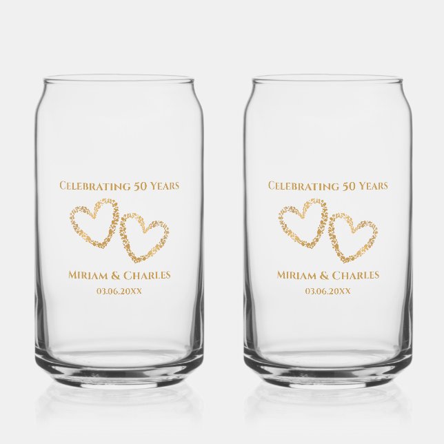 Verre Canette Golden 50th Mariage Anniversaire Coeur personnalis (Recto)