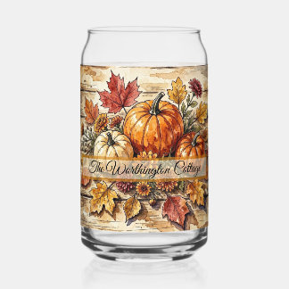 Verre Canette Gouache Citrouille d'Automne Rustique & Feuilles d
