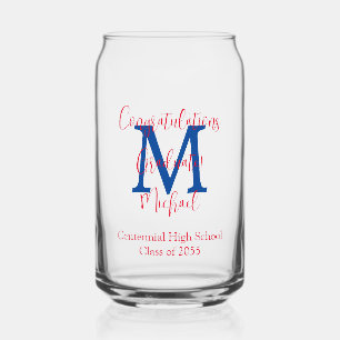 Verre Canette Graduation Party Blue Monogramme Nom rouge