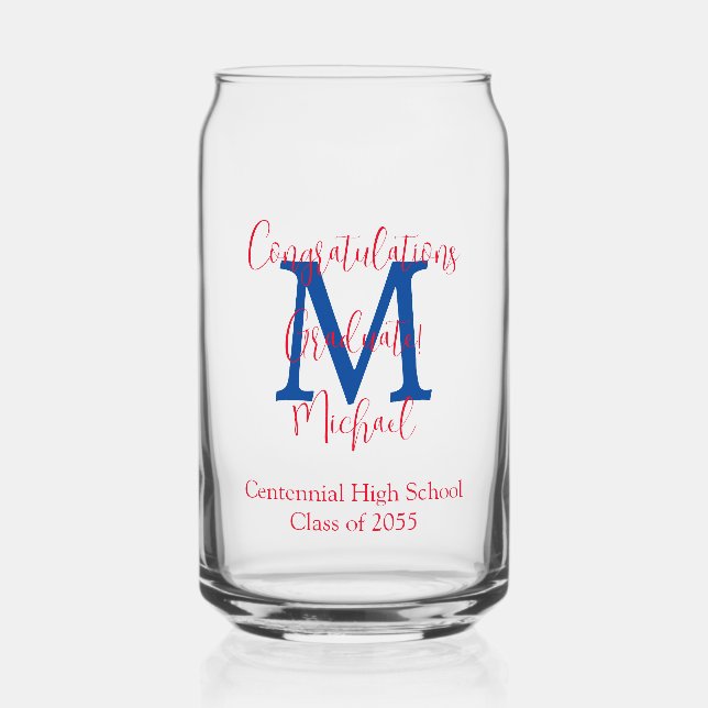 Verre Canette Graduation Party Blue Monogramme Nom rouge (Recto)