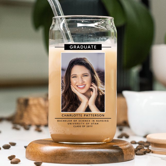 Verre Canette Graduation Party Simple Modern Script Photo Noir (Créateur téléchargé)