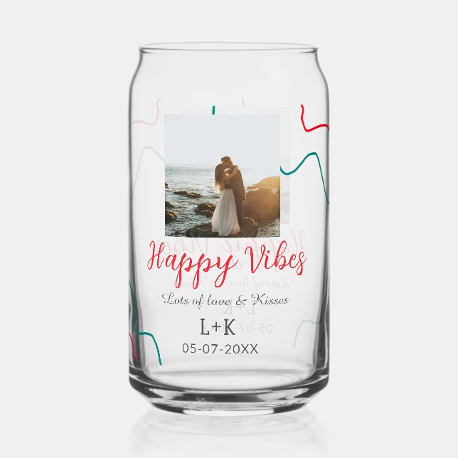 Verre Canette Happy Vibes nom du couple date mariage rouge (Recto)