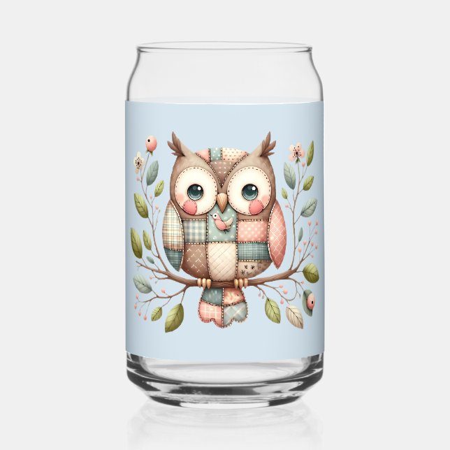 Verre Canette Hibou Patchwork dans une Forêt Fantaisiste (Recto)