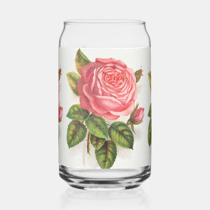Verre Canette Illustration Florale Rose Rose Antique Cottagecore