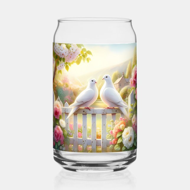 Verre Canette Jardin de cottage aux colombes blanches (Recto)