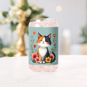 Verre Canette Joli Chat Calico avec Esthétique Florale Cottageco