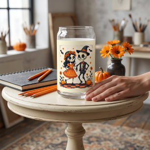 Verre Canette Joli couple de squelettes d'Halloween en orange