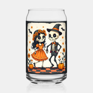 Verre Canette Joli couple de squelettes d'Halloween en orange