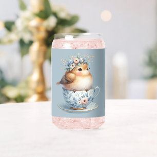Verre Canette Joli Oiseau Bleu avec Couronne Florale dans une Ta