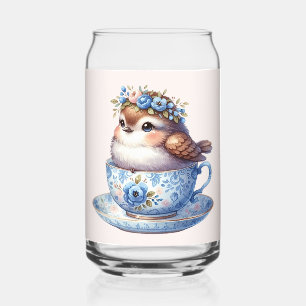 Verre Canette Joli Oiseau dans une Tasse à Thé Florale Art Cotta