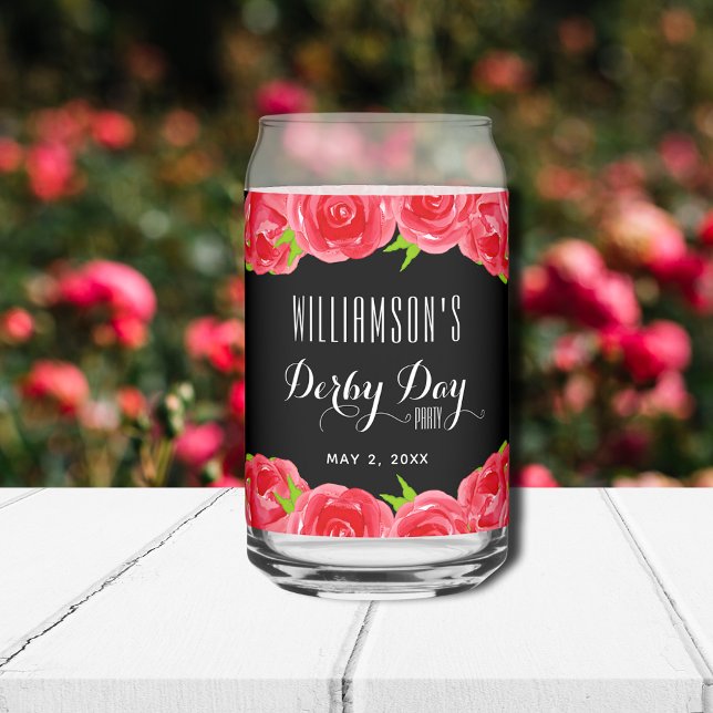 Verre Canette Jour du Derby de la Monnaie Rouge Roses (Order one or a set of can glasses for your Derby party to serve guests or give as favors.)