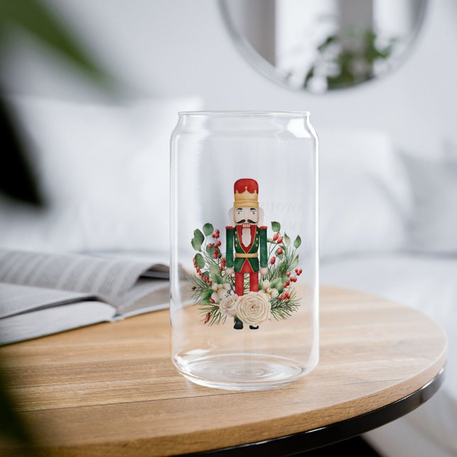 Verre Canette Jours fériés Noisette Script personnalisé (Christmas Nutcracker Botanical Can Glass)