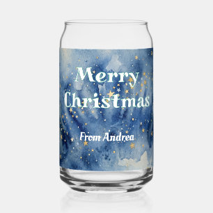 Verre Canette joyeux noël bleu blanc étoiles aquarelle jaune