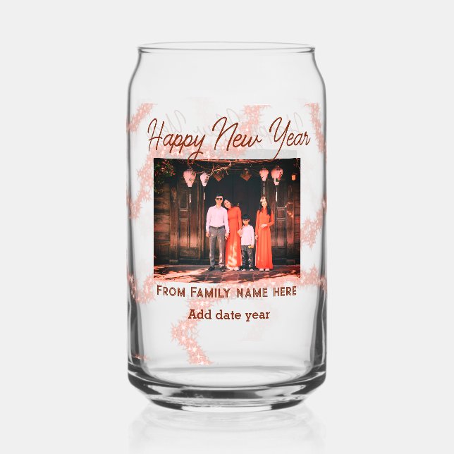 Verre Canette Joyeux nouvel an brun ajouter photo nom de famille (Recto)