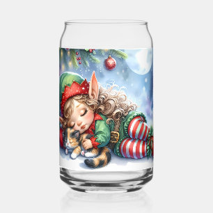 Verre Canette L'elfe de Noël endormi avec un chaton calicot