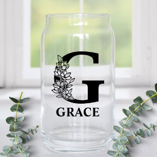Verre Canette Lettre florale G Monogramme et nom personnalisé