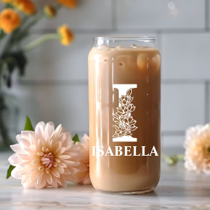 Verre Canette Lettre Florale I Monogramme Nom personnalisé Blanc