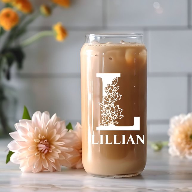 Verre Canette Lettre florale L Monogramme Nom personnalisé Blanc (Créateur téléchargé)