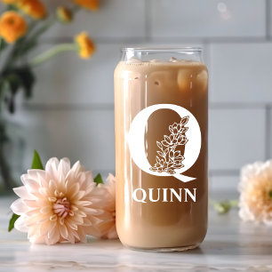 Verre Canette Lettre Florale Q Monogramme Nom personnalisé Blanc