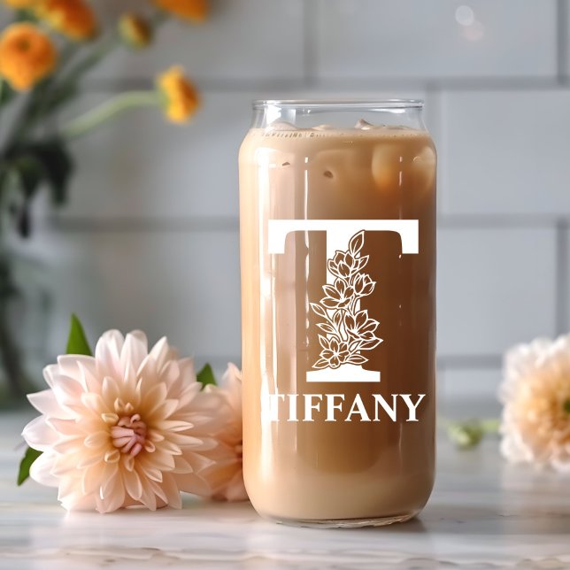 Verre Canette Lettre florale T Monogramme Nom personnalisé Blanc (Créateur téléchargé)