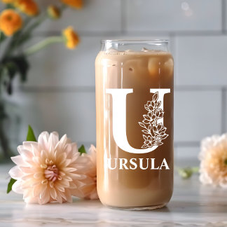 Verre Canette Lettre florale U Monogramme Nom personnalisé Blanc