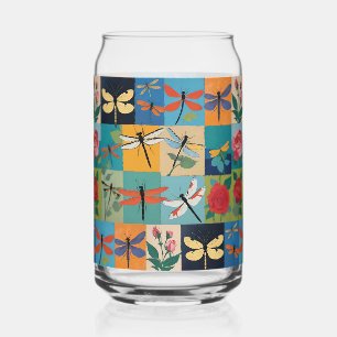 Verre Canette Libellules Colorées Et Roses Patchwork