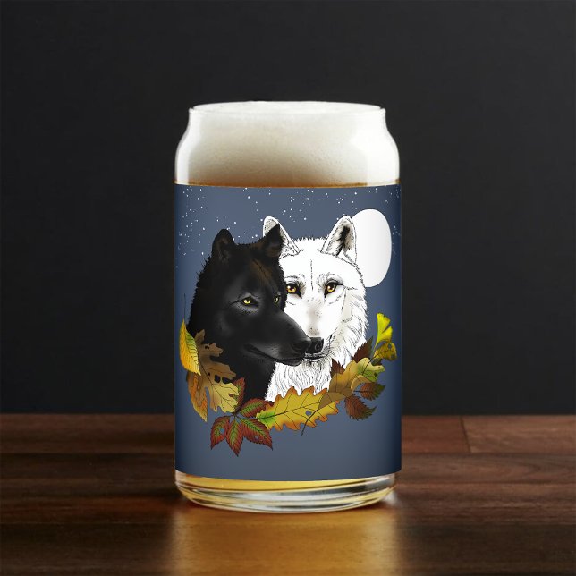 Verre Canette Loups Blancs Noirs Clair de Lune Feuilles d'Automn (Créateur téléchargé)