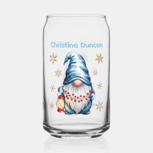 Verre Canette Lutin de Noël bleu avec des baies de lanterne roug