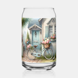 Verre Canette Maisonnette Bleue avec Vélo et Panier de Fleurs Pr