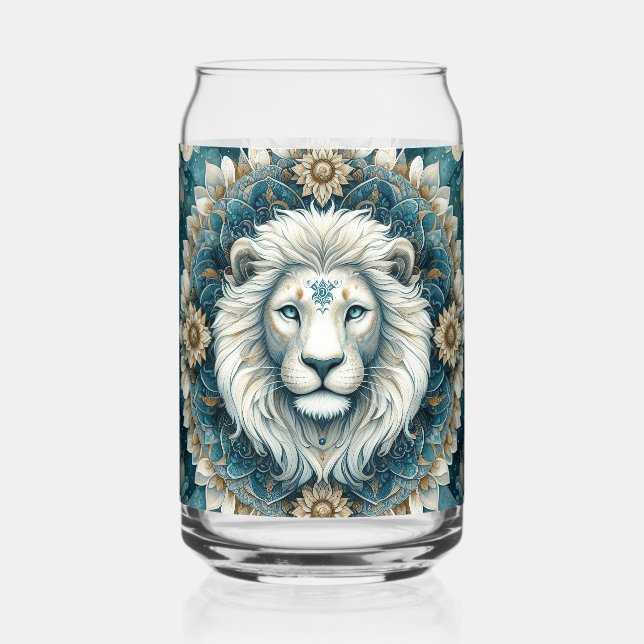 Verre Canette Majestic Blanc Lion Turquoise bleu Floral Mandala (Recto)