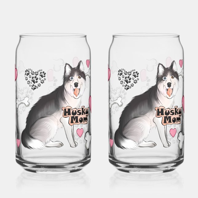 Verre Canette Maman Husky avec des Os et des Cœurs (Gauche)