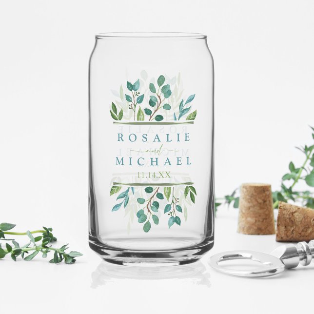 Verre Canette Mariage de verdure botanique (Botanical Greenery Can Glass With Custom Name and Date )