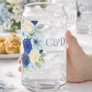 Verre Canette Mariage Royal Bleu Fleurs Aquarelle Ivoire