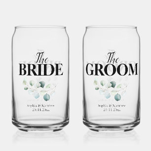 Verre Canette Mariée Groom Eucalyptus Écriture Mariage