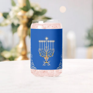 Verre Canette Menorah élégante bleue de Hanoukka en argent