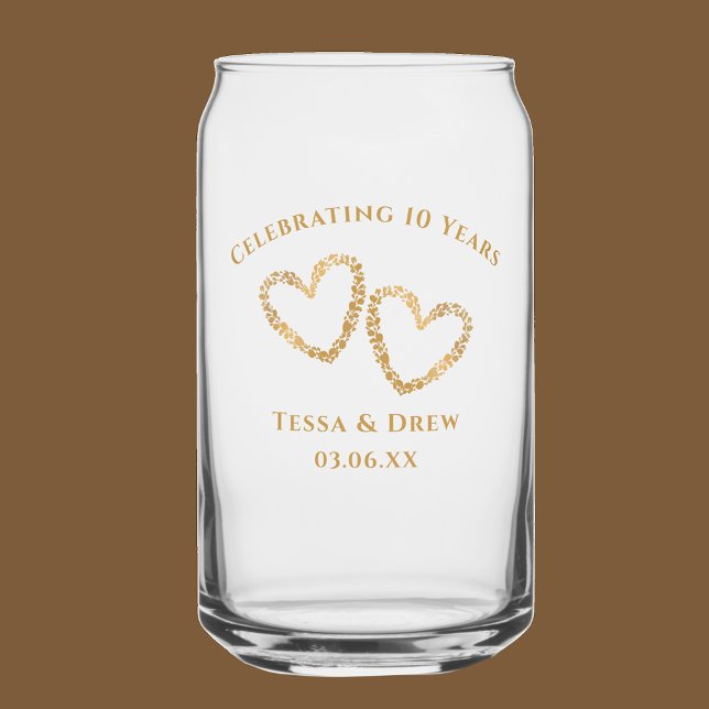 Verre Canette Modern Heart 10th Wedding Anniversary Personalized (Personalize this keepsake glass can with original botanical hearts.  10 year anniversary gift.)
