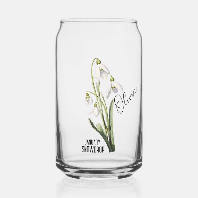 Verre Canette Mois des fleurs de naissance Janvier Snowdrop Nom (Recto)