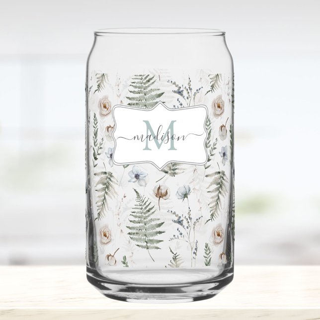 Verre Canette Monogram Flowers and Fern Leaves Floral Botanical (In situ)