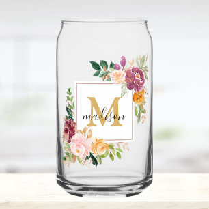 Verre Canette Monogramme Aquarelle Roses Fleur Floral
