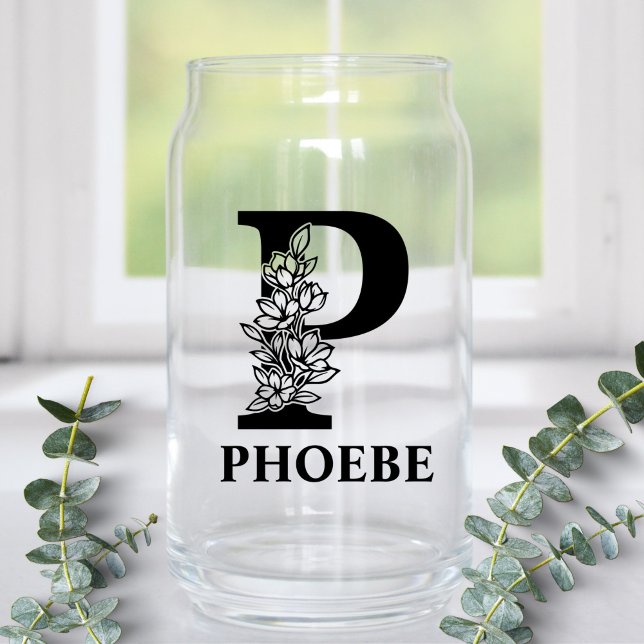 Verre Canette Monogramme de lettre P florale et nom personnalisé (Créateur téléchargé)