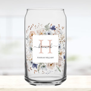 Verre Canette Monogramme Élégant Jolies Fleurs Beige Bleu Floral