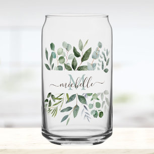 Verre Canette Monogramme feuilles de verdure d'eucalyptus vert s