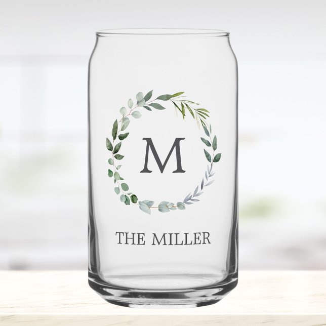 Verre Canette Monogrammed Watercolor Sage Green Leaves Wreath (In situ)