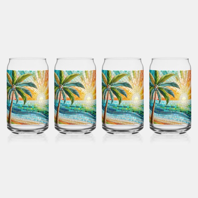 Verre Canette Mosaic Tropical Beach Coucher de soleil Palm Tree (Recto)