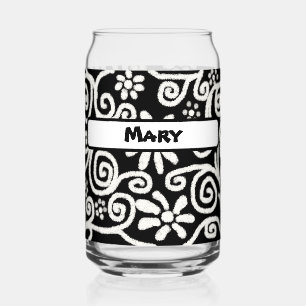 Verre Canette Motif Floral Blanc Noir