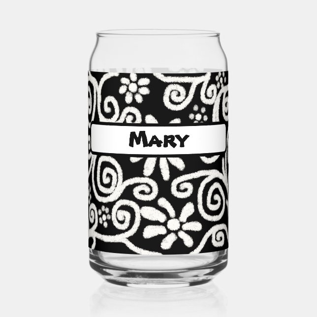 Verre Canette Motif Floral Blanc Noir (Recto)