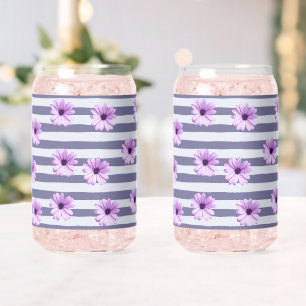Verre Canette motif rayé avec marguerites violettes