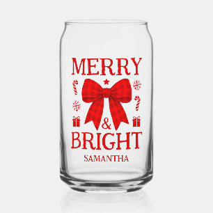 Verre Canette Noël gai et lumineux avec ruban à carreaux rouges
