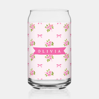 Verre Canette Nœud Floral Féminin Coquette Rose Personnalisé